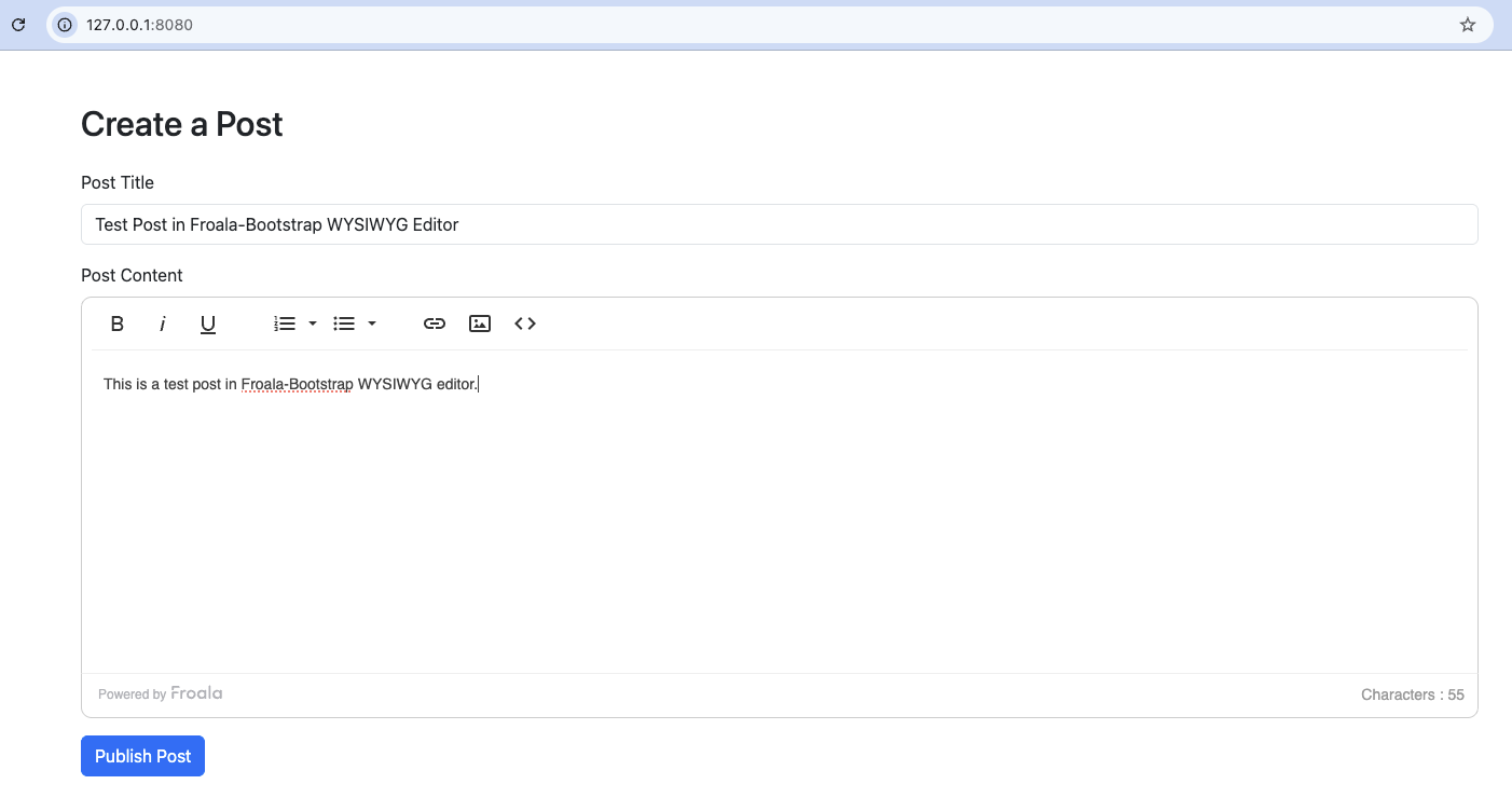 Creating a sample post using the Froala-Bootstrap WYSIWYG editor