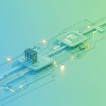 3D illustration of a digital data pipeline with glowing circuit paths and tech modules, set against a green-blue gradient background.
