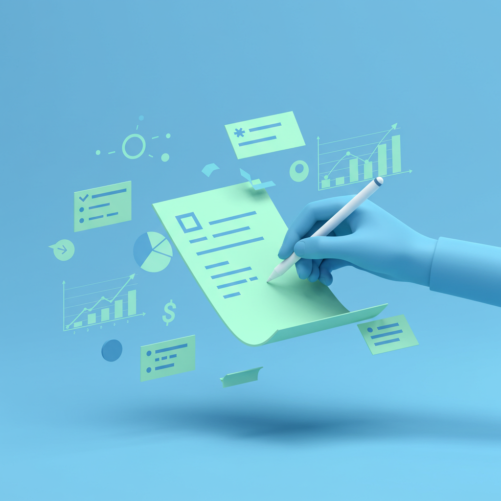 3D illustration of a digital hand writing notes with floating graphs and checklists, symbolizing an AI-powered note-taking app built with DeepSeek AI, Flask, and Froala Editor integration.