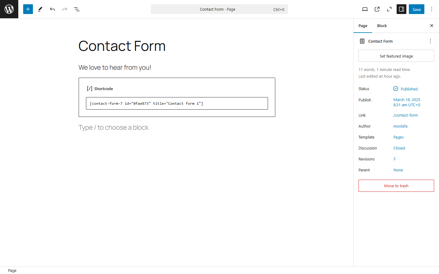 Insert contact form shortcode