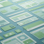 3D illustration of UI design components in green and blue shades, showcasing web interface elements laid out on a flat surface representing modern frontend frameworks.