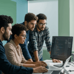 A team of developers collaborating at a computer while reviewing code, illustrating the use of a free WYSIWYG HTML editor for web development.