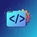 HTML code generator illustration showing a code editor icon with brackets and settings gear, representing automated HTML generation for web development