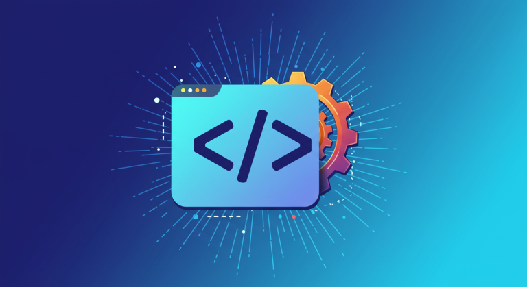 HTML code generator illustration showing a code editor icon with brackets and settings gear, representing automated HTML generation for web development