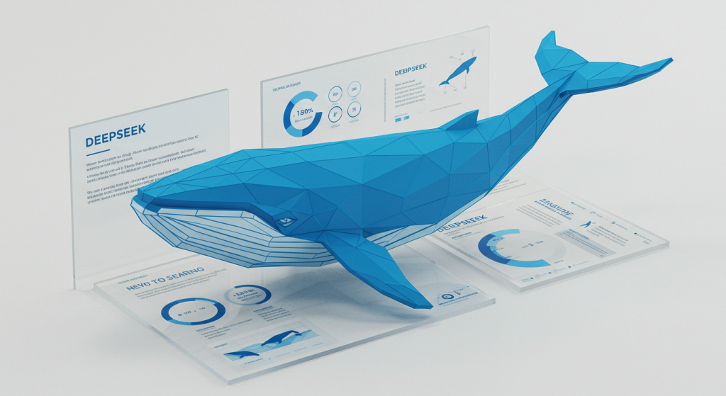 A visual representation of DeepSeek that shows a 3D whale and several data and dashboard elements, representing how DeepSeek helps developers build modern and scalable websites with APIs