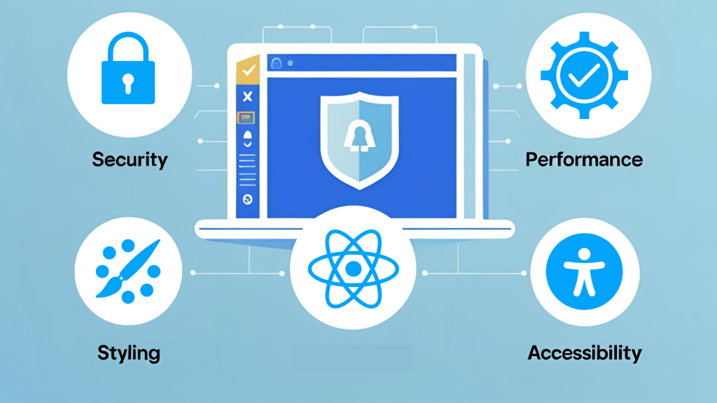 In the image, icons for security, styling, performance, and accessibility represent the components of the best practices for using a rich text editor in React.
