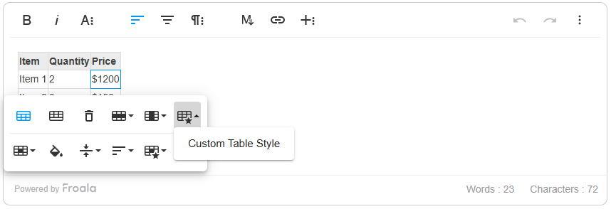 Clicking the table in Froala Editor brings up the table options bar, in which the "Custom Table Style," from the code above, can be found.