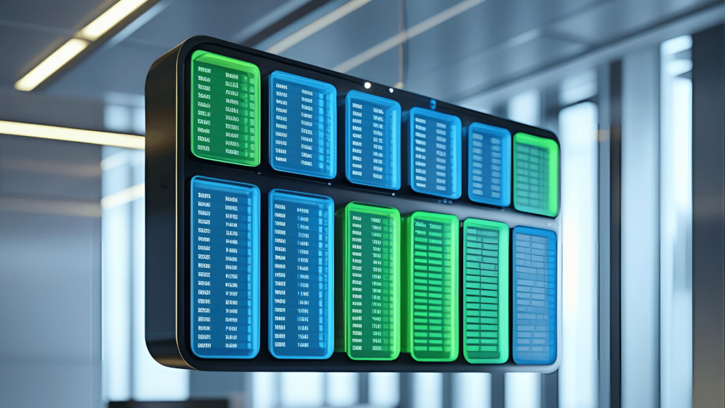 An interface with different tables, some of which have a light blue color scheme while others have a green color scheme, representing differences in background and header colors.