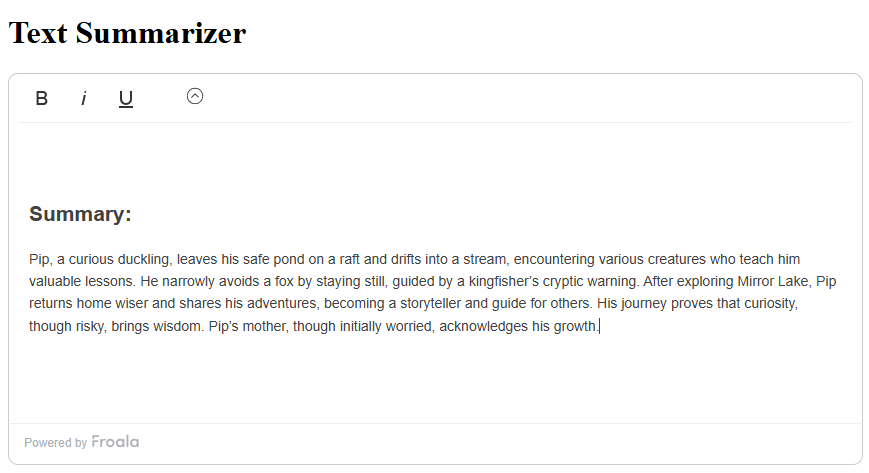 The result from the DeepSeek API call. The duck story was distilled into 5 sentences without losing the important information.