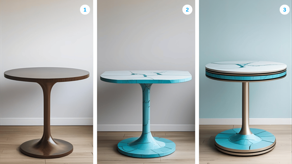 An image that contains three sub-images of a table. The first one has a bare wooden table. In the second image, the table is starting to have a bit more identity. The third one represents a table with a fully custom table style, which you can achieve within rich text editors.