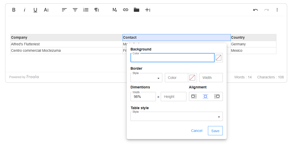 Table Properties opened
