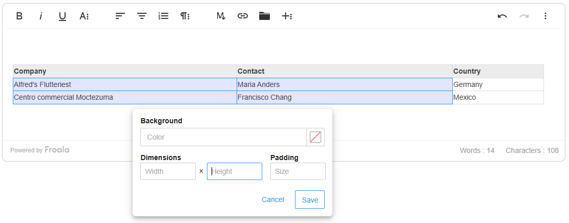 Table cell Properties opened