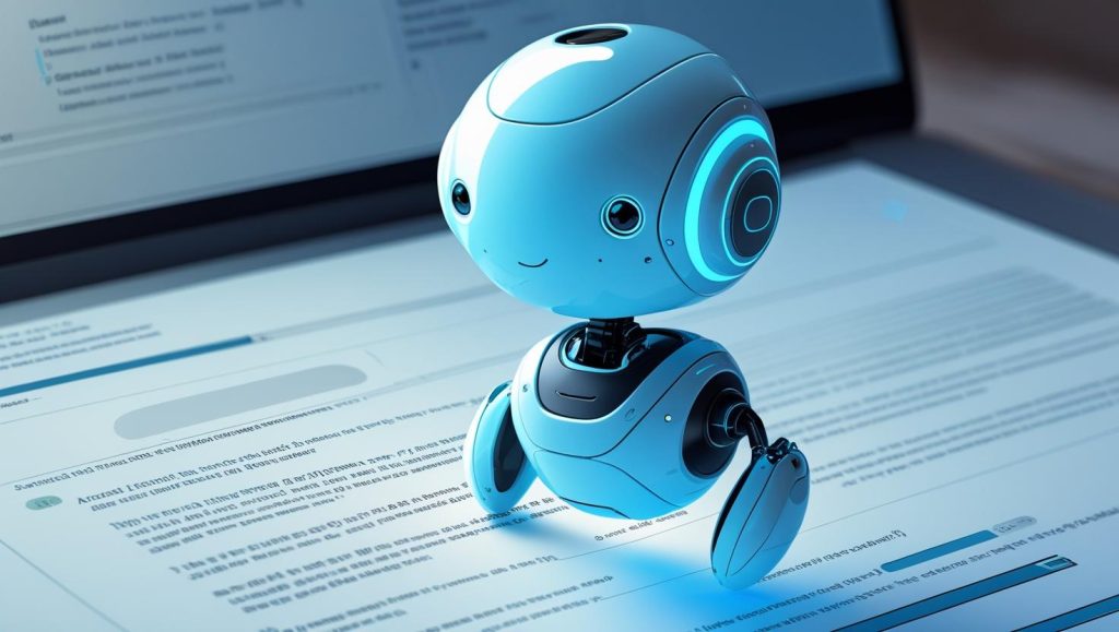 An AI assistant robot hovering over a text-heavy screen, representing AI cowriters and proofreaders.
