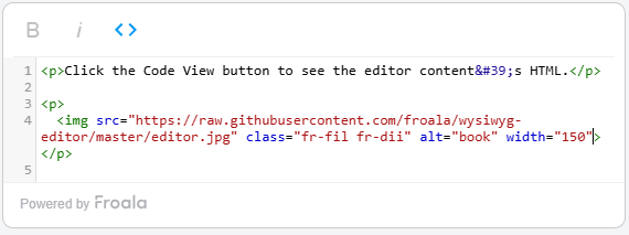 An demonstration of an HTML code writer's code view plugin. In the image, the editor's code view arranges the elements in an organized manner, with syntax highlighting in place.