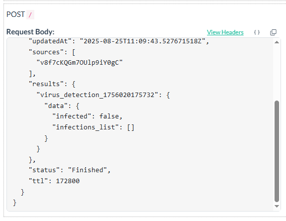 The Filestack request from Workflows to Beeceptor's mock endpoint. This shows the data in a JSON format.