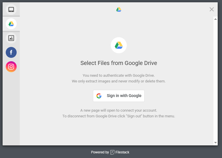 The same HTML code writer as earlier. This time, the file picker is open, and the Google Drive upload source is selected.