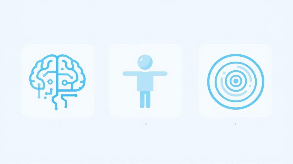 An image that contains icons for AI (a digital brain), accessibility (a human extending their arms), and scalability (a target mark).