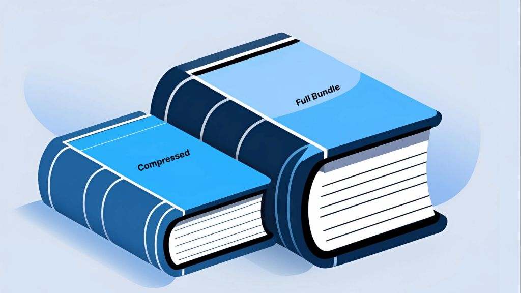 Two books of different thickness. The thicker one is labeled "Full Bundle," representing heavy and slow code bundles. The thinner one is labeled "Compressed," which stands for the minified and well-bundled RTE assets.