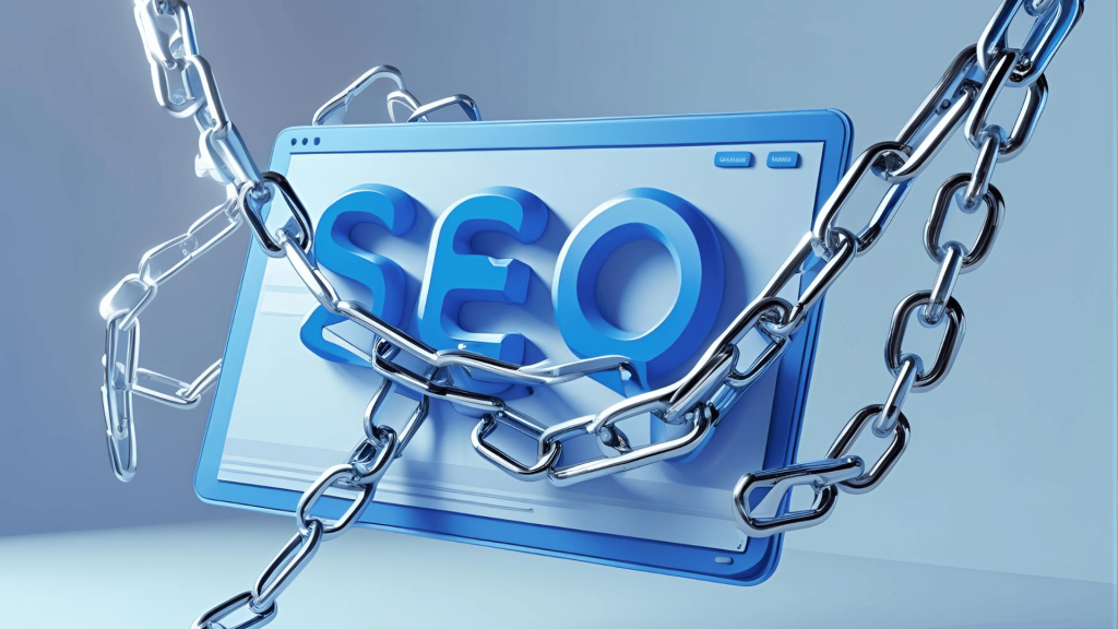 A screen with the words "SEO" being dragged down by chains, representing how performance (or lack thereof) affects SEO.