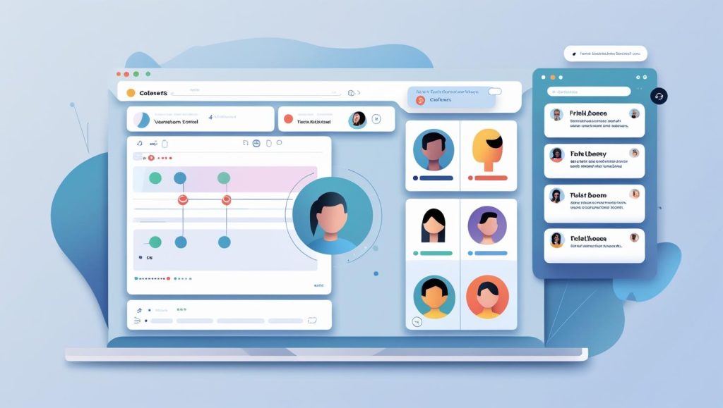 A screen showing a platform with several people working on a project. Each person has an avatar and designated color in the application.