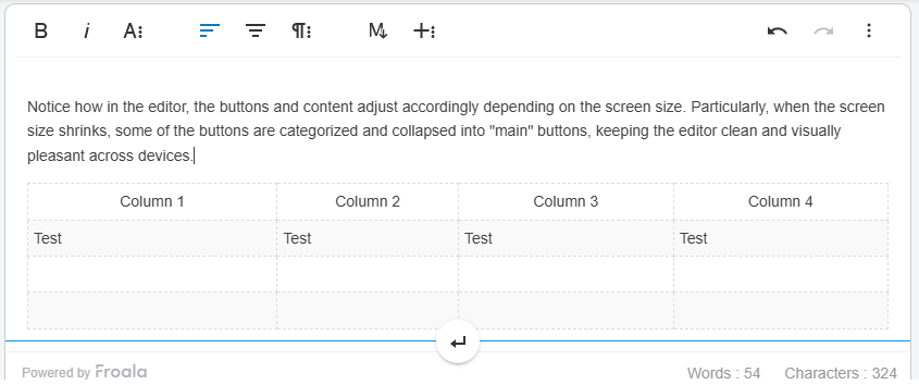 A responsive editor that is rendered on a desktop browser screen. It contains 11 primary buttons, some of which have submenus. 