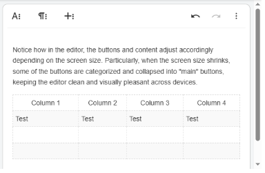 The same responsive editor on a smaller screen size. In the editor, some of the buttons that were previously visible are now collapsed since there's less space. 