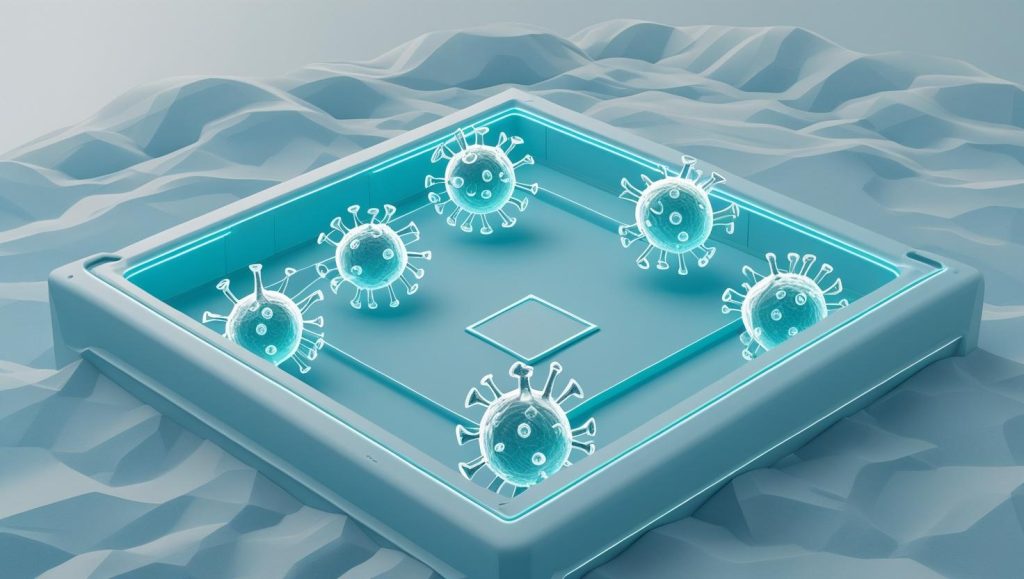 A sandbox with some viruses inside, signifying the sandboxing process, which contains suspicious files to observe their behaviors, in servers.