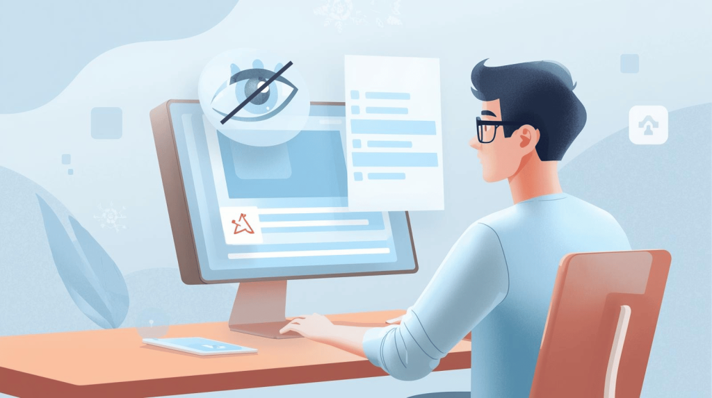 A 2D animated person using a platform with HTML editor software at work. The person can browse safely due to a content safety checker.