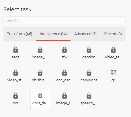 Filestack Workflow's different features/processes. The virus_detection one is highlighted.