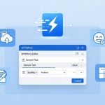 An HTML editor software at the middle. Around it are icons for emojis, tables, spell checks, and file uploads, representing some of the tricky features that you can instantly implement using the editor.