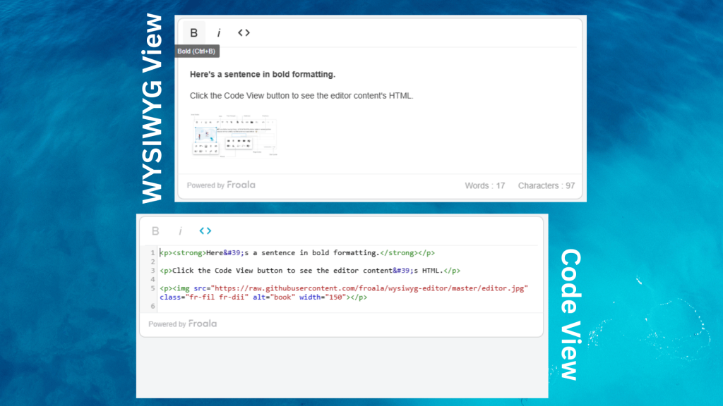 2 screenshots showing both a WYSIWYG view and code view for some HTML content.