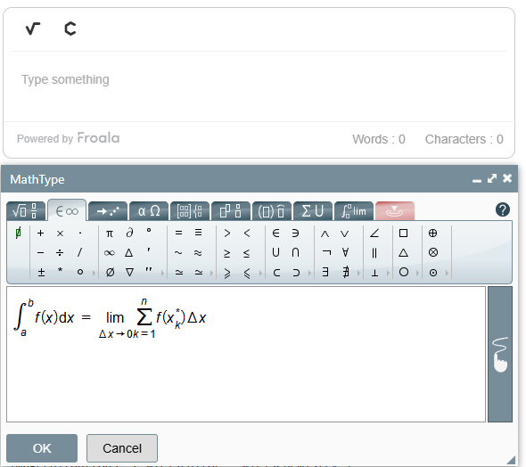 A sample visual HTML editor that supports easy math formatting. The user clicks on the math formatting button first, inputs an expression, then clicks "OK" to display the expression on the editor. Various mathematical symbols, both simple and advanced, are present in the editor.