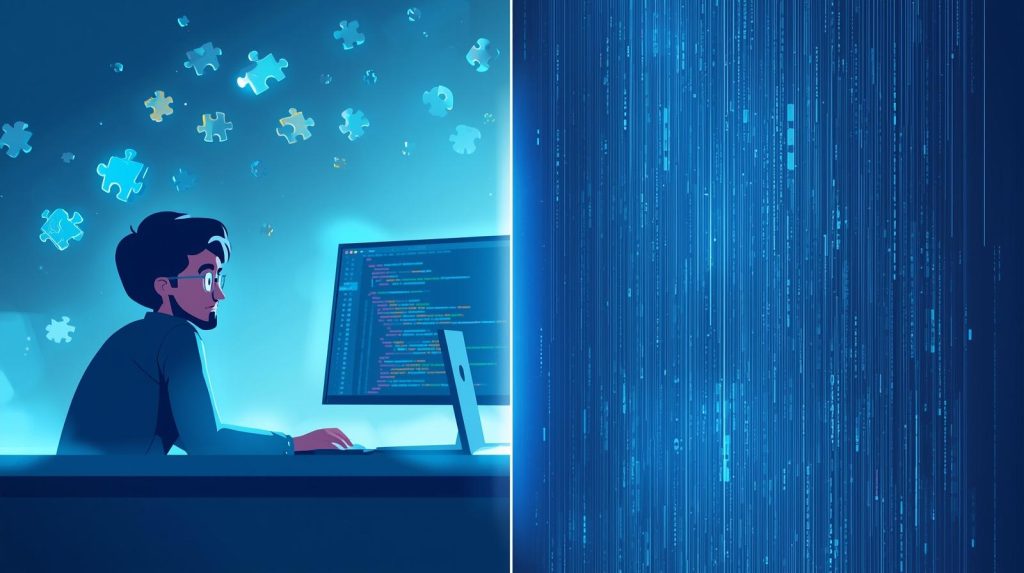 The image is split into two. On the left side is a developer building an application. Above the developer are puzzle pieces, representing plugins that you can integrate or customize in HTML editor software. On the right side are digital horizontal lines, representing the thousands of lines of abstracted code that go into these plugins.