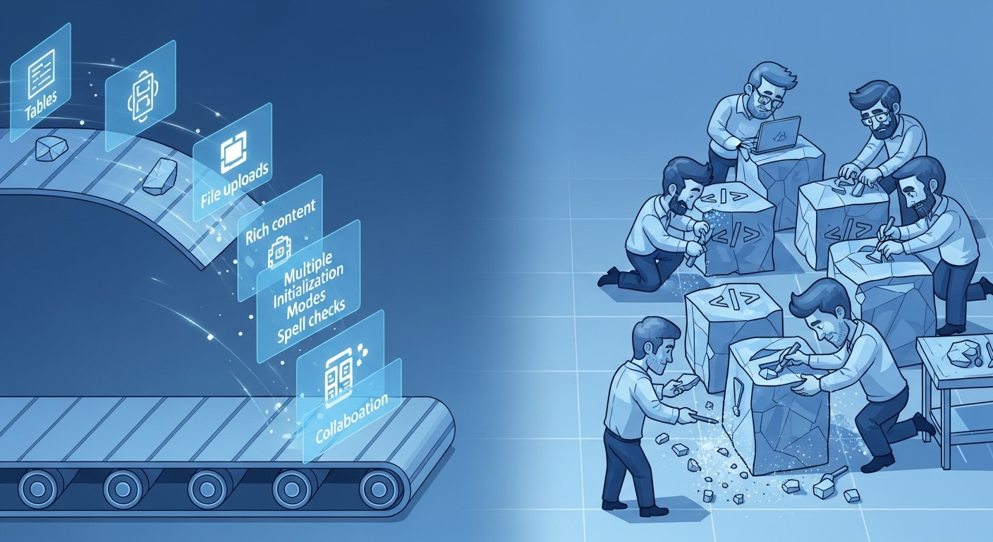 Two sides of the image show the difference in feature delivery. At the left side, a conveyor belt fast-tracks the deployment of several features, representing HTML editor software. At the other side, many developers write HTML to accommodate these requirements, building slower.