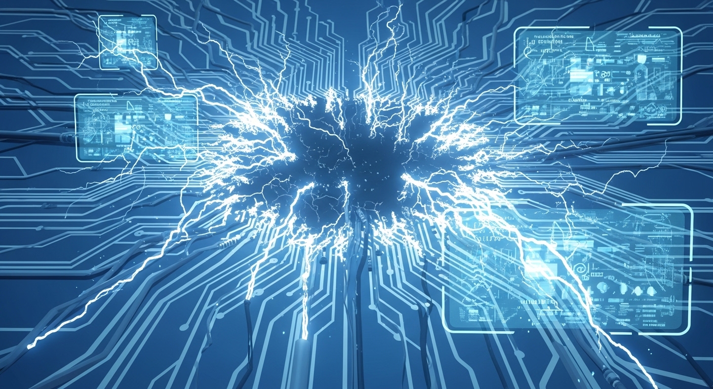 A digital circuit "storm" that symbolizes AI hallucinations or how AI can go haywire sometimes, even in HTML code writer setups.