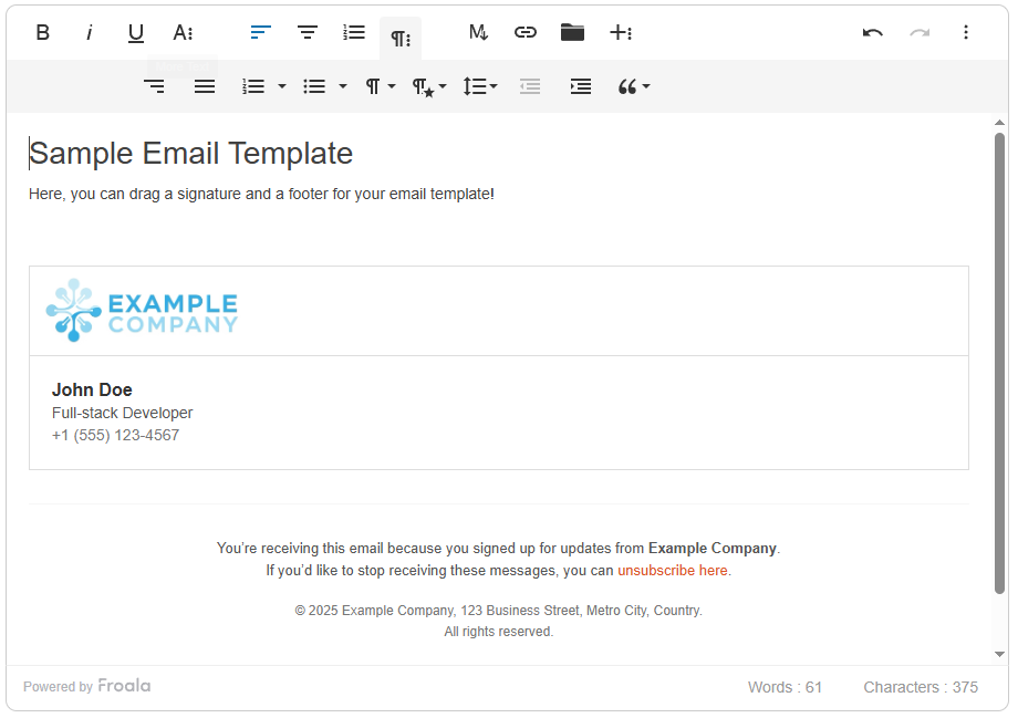 An image that shows ideal toolbar organization for editors. In the image, each paragraph function is consolidated in a "More Paragraph" dropdown button, which reveals a paragraph menu when opened.