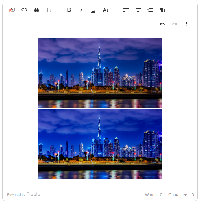 A screenshot of Froala WYSIWYG Editor after it performs automatic image enhancement using Filestack