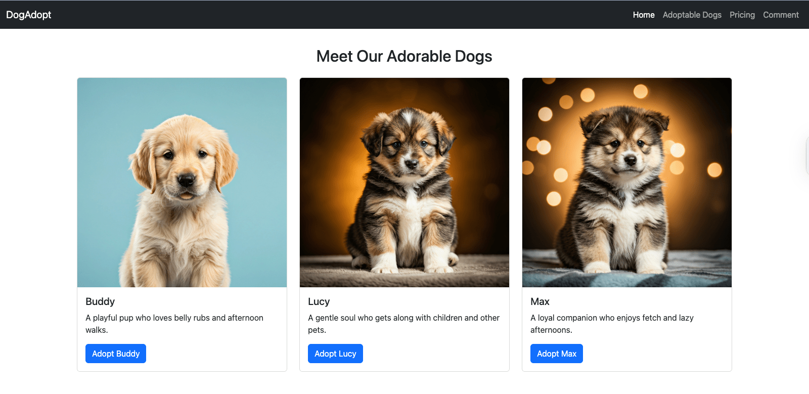 Froala Bootstrap webpage displaying adoptable dogs with cards