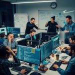 team of developers scrambling and stressed to develop and launch a product