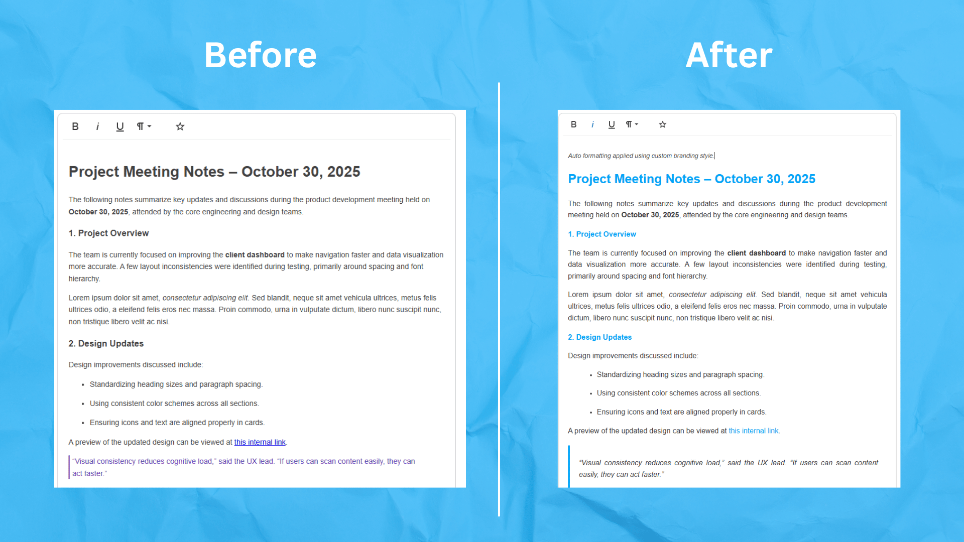 A comparison between the unformatted and auto formatted text.
