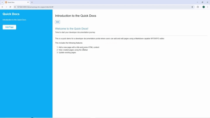 A GIF that shows docs page creation using a WYSIWYG Markdown editor.