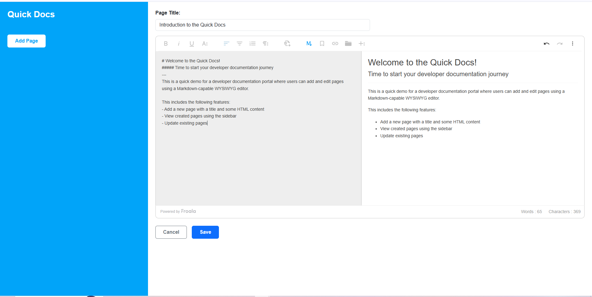 A sample documentation tool that uses a WYSIWYG editor with Markdown capabilities