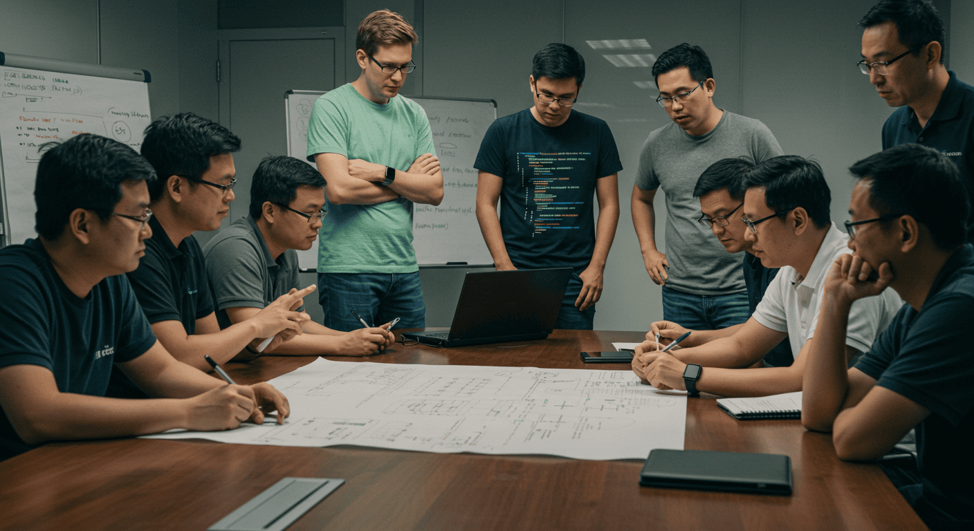 Team of developers reviewing project plans and discussing the best HTML editors for their workflow.