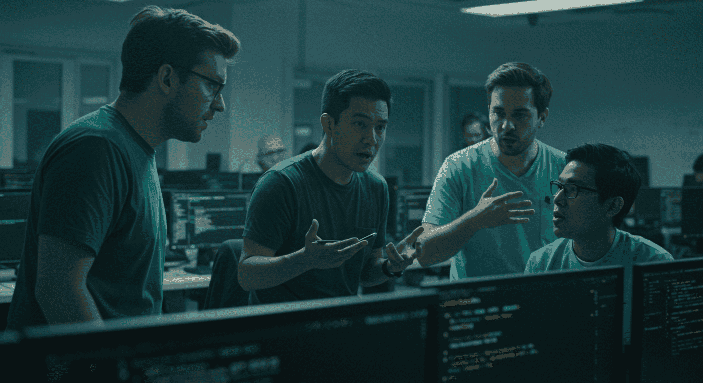 Team of developers debating the best open source HTML editors while reviewing code in a collaborative workspace.