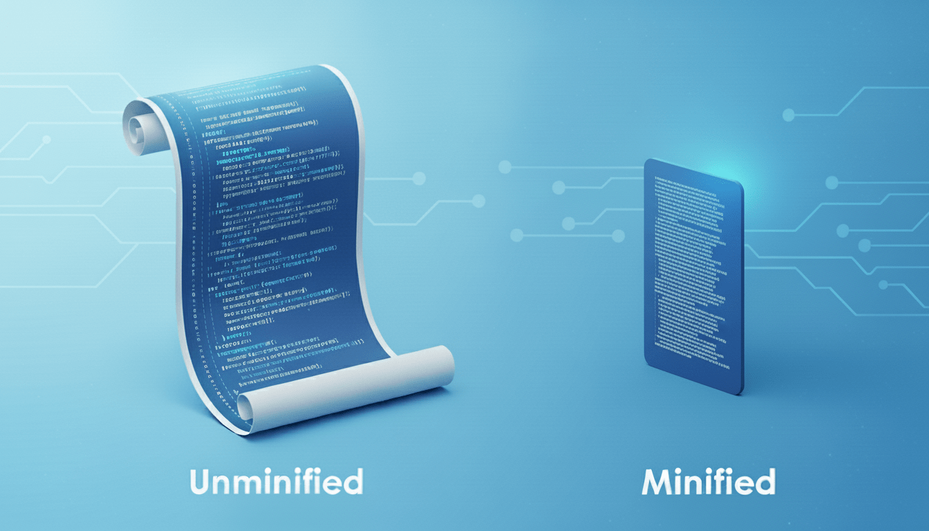 2 scrolls (unminified and minified code). The first one is long and readable (unminified), while the second one is short and barely legible (minified).