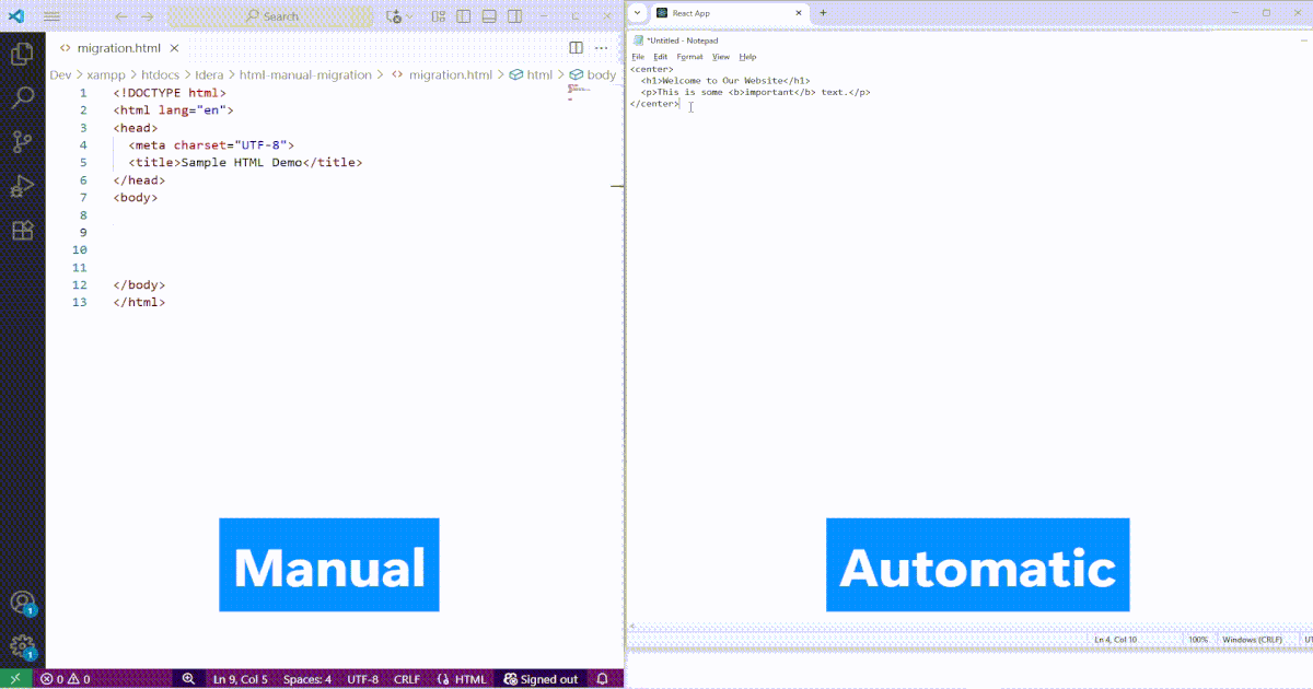 A GIF that shows the difference between manual and automatic HTML conversion. In the manual process, users have to copy and paste the HTML content and edit each element accordingly. For the automatic process, after pasting the content, users can edit it directly using the WYSIWYG editor, skipping the coding process.