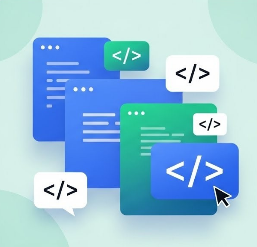 Illustration showing modern WYSIWYG editors and code interfaces used by web developers to create and edit rich content