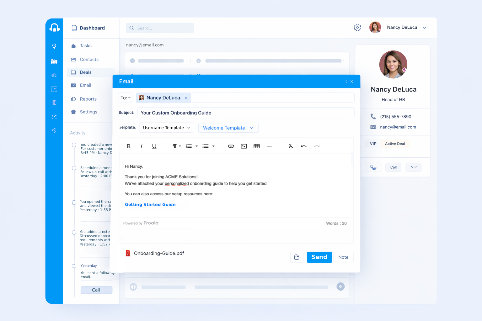 CRM dashboard composing a customer email using a WYSIWYG editor.