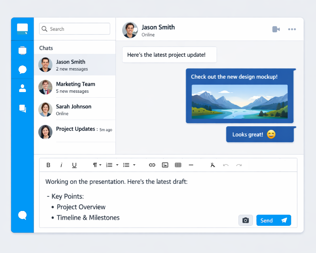 Rich text editor message composer used to build instant messaging and email applications