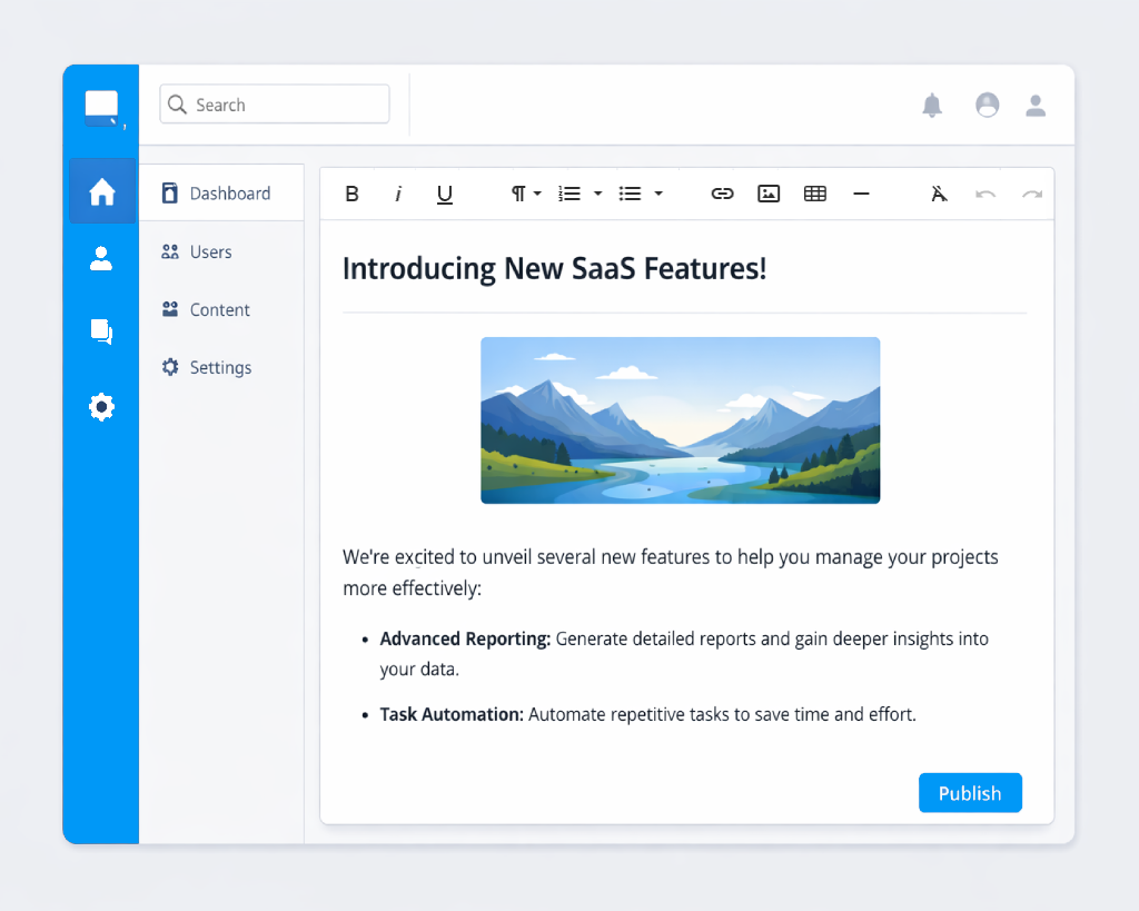 Modern SaaS dashboard interface with embedded rich text editor toolbar used for content editing in SaaS applications